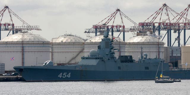 The Russian frigate Admiral Gorshkov docked in Cape Town harbor South Africa, Tuesday, Feb. ​14​, 2023 en route to the South African east coast to conduct naval exercises with the South African and Chinese Navy. The exercise began on Friday Feb. 17, 2023, a demonstration of the countries' close ties amid Russia's war in Ukraine and China's tense relationship with the West. (AP Photo/Nardus Engelbrecht)