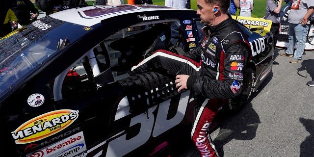 Actor-turned-racer-turned-racer Frankie Muniz gets into his car before the ARCA 200 auto race on Saturday, February 18, 2023 at Daytona International Speedway in Daytona Beach, Florida.