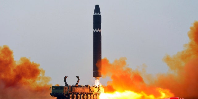 This photo provided by the North Korean government, shows what it says a test launch of a Hwasong-15 intercontinental ballistic missile at Pyongyang International Airport in Pyongyang, North Korea Saturday, Feb. 18, 2023. Independent journalists were not given access to cover the event depicted in this image distributed by the North Korean government.