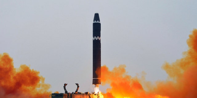 This photo provided by the North Korean government, shows what it says a test launch of a Hwasong-15 intercontinental ballistic missile at Pyongyang International Airport in Pyongyang, North Korea Saturday, Feb. 18, 2023. Independent journalists were not given access to cover the event depicted in this image distributed by the North Korean government.