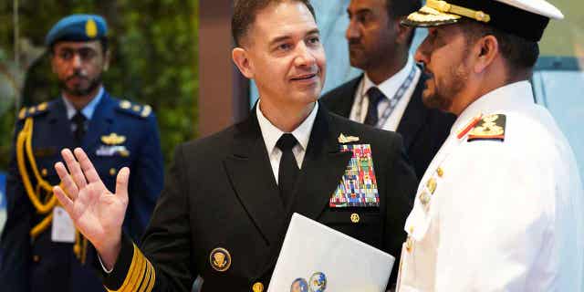 U.S. Navy Vice Adm. Brad Cooper speaks at the International Defense Exhibition and Conference in Abu Dhabi, United Arab Emirates, on Feb. 21, 2023. Iranian attacks in the waterways of the Middle East "have the attention of everyone" according to Cooper.