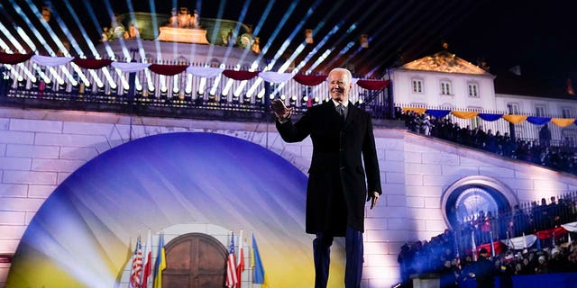 President Joe Biden arrives to deliver a speech marking the one-year anniversary of the Russian invasion of Ukraine, Tuesday, Feb. 21, 2023, at the Royal Castle Gardens in Warsaw, Poland.