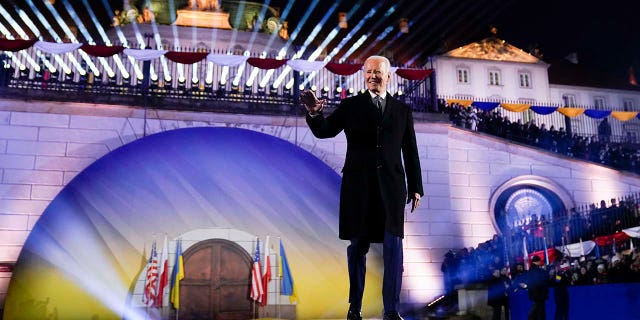 President Joe Biden arrives to deliver a speech marking the one-year anniversary of the Russian invasion of Ukraine, Tuesday, Feb. 21, 2023, at the Royal Castle Gardens in Warsaw, Poland.