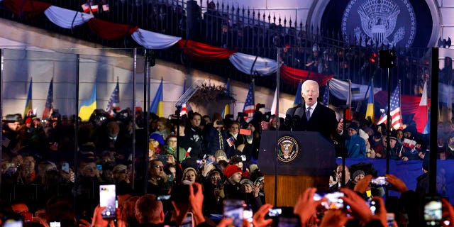 President Joe Biden holds a speech at the Royal Castle after meeting with Polish President Andrzej Duda in Warsaw, Ukraine, Tuesday, Feb. 21, 2023.