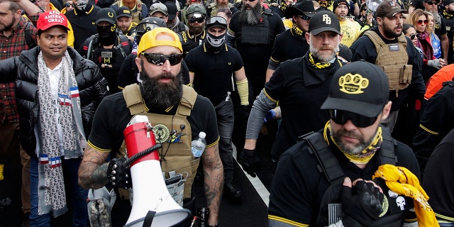Proud Boys member Jeremy Bertino, seen attending a rally at Freedom Plaza, Dec. 12, 2020, in Washington, is testifying against Tarrio and his four lieutenants on trial for seditious conspiracy.