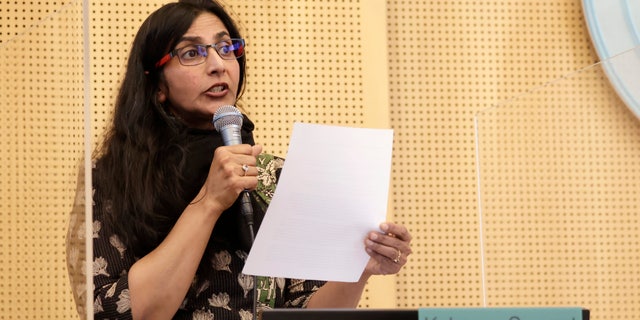 Councilmember Kshama Sawant speaks about her proposed ordinance to outlaw caste discrimination during a public hearing in the Seattle City Council chambers, Tuesday, Feb. 21, 2023, in Seattle.