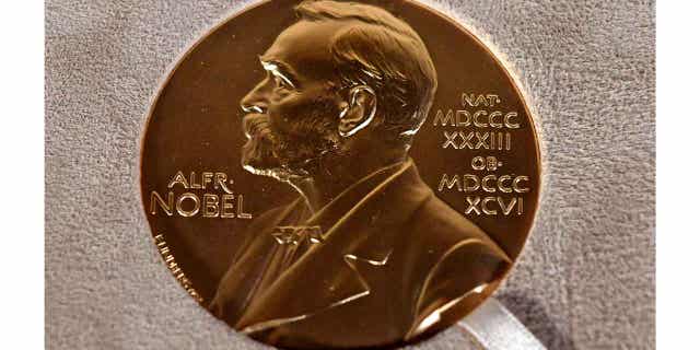 A Nobel medal is displayed in New York on Dec. 8, 2020. The Norwegian Nobel Committee said on Feb. 22, 2023, that 305 candidates, 212 individuals and 93 organizations, were nominated for the 2023 Nobel Peace Prize.