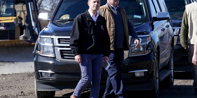 Transportation Secretary Pete Buttigieg arrives for a news conference Thursday, Feb. 23, 2023, near the site of the Feb. 3 Norfolk Southern train derailment in East Palestine, Ohio. (AP Photo/Matt Freed)