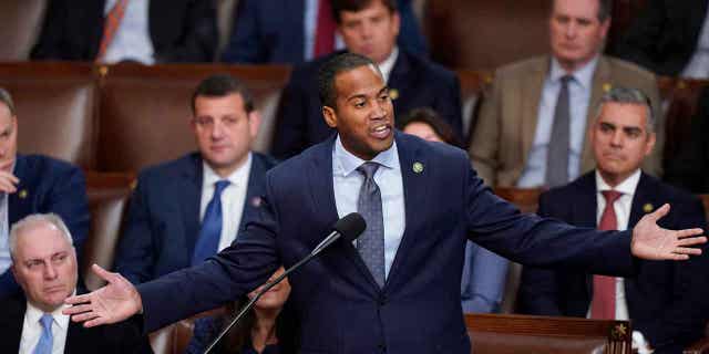 John James is pictured speaking in Washington on Jan. 5, 2023. James is opting out a campaign for the Senate seat which is being vacated by Democrat Debbie Stabenow in 2024.