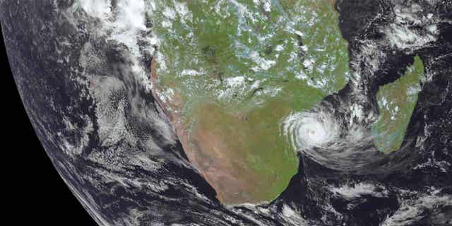 Tropical Cyclone Freddy, center right, is shown above Mozambique on Feb. 24, 2023. The tropical cyclone dropped "dangerous and exceptional rainfall levels" over Mozambique.