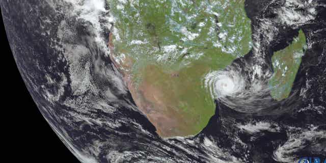 Tropical Cyclone Freddy, center right, is shown above Mozambique on Feb. 24, 2023. The tropical cyclone dropped "dangerous and exceptional rainfall levels" over Mozambique.