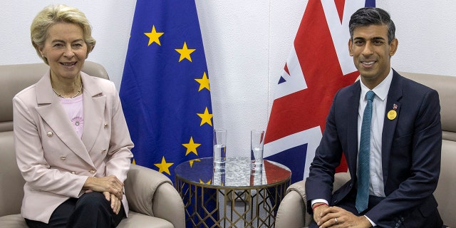 European Commission President Ursula von der Leyen is traveling to England Monday to meet with British Prime Minister Rishi Sunak regarding Brexit.