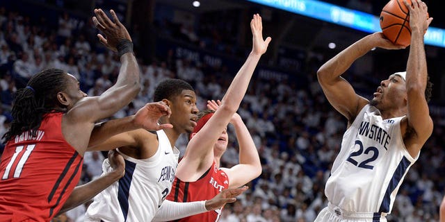 Penn State's Jalen Pickett (22) stops for a score against Rutgers during the first half of an NCAA college basketball game, Sunday, February 26, 2023, in State College, Pennsylvania. 