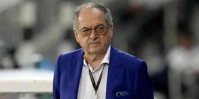 The president of the French soccer federation, Noël Le Graët, attends a training session in Doha, Qatar, on November 19, 2022. Le Graët resigned from the French soccer federation on February 28, 2023, after after a government audit found that he no longer had the legitimacy to lead.
