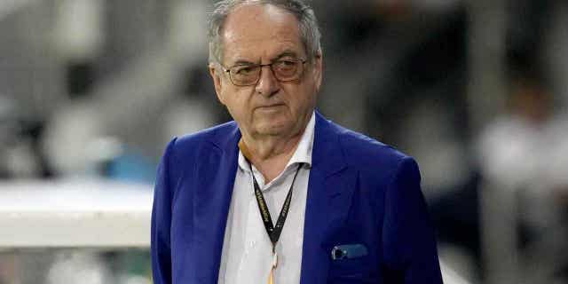 The president of the French soccer federation, Noël Le Graët, attends a training session in Doha, Qatar, on November 19, 2022. Le Graët resigned from the French soccer federation on February 28, 2023, after after a government audit found that he no longer had the legitimacy to lead.