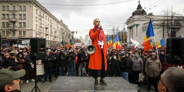 Marina Tauber, deputy chairwoman of Moldova's Russia-Friendly Shor Party, speaks during a protest against pro-Western government and low living standards, in Chisinau, Moldova February 28, 2023. 