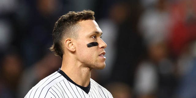 Aaron Judge of the New York Yankees during the 6th inning against the Houston Astros in Game 4 of the American League Championship Series at Yankee Stadium on October 23, 2022, in the Bronx borough of the city of NY. 
