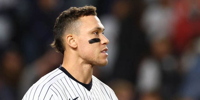 Aaron Judge of the New York Yankees during the 6th inning against the Houston Astros in Game 4 of the American League Championship Series at Yankee Stadium on October 23, 2022, in the Bronx borough of the city of NY. 