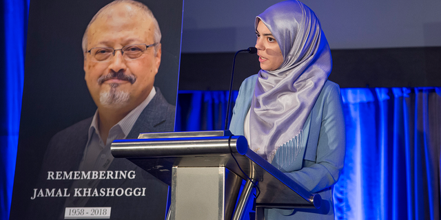 Abrar Omeish speaks during a memorial service for Saudi Journalist Jamal Khashoggi at the Mayflower Hotel on November 2, 2018 in Washington, DC. (Photo by Zach Gibson/Getty Images)