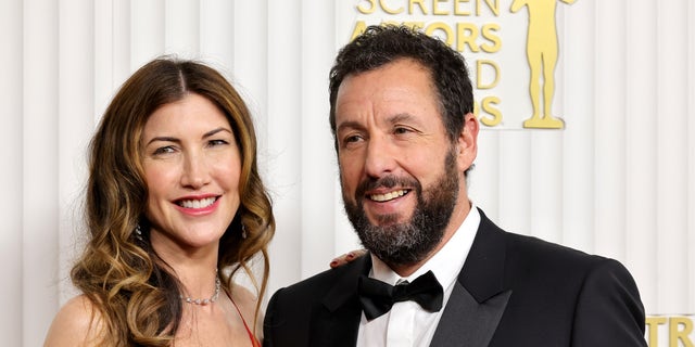 Jackie Sandler and Adam Sandler share a laugh ahead of the 29th Annual Screen Actors Guild Awards at Fairmont Century Plaza.