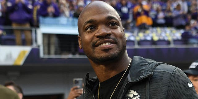 Adrian Peterson is seen on the field before the NFC wildcard playoff game between the New York Giants and the Minnesota Vikings at US Bank Stadium on January 15, 2023 in Minneapolis, Minnesota.