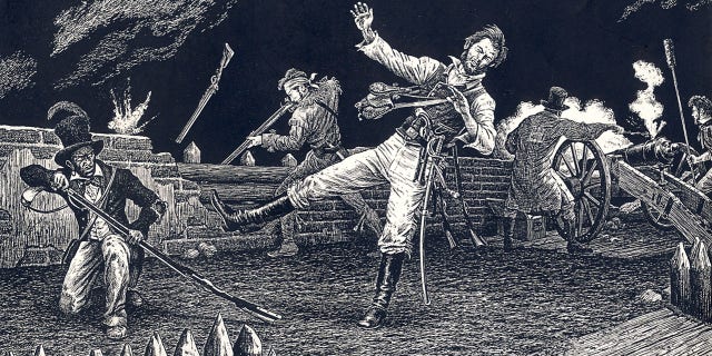 William B. Travis, 26 years old, was co-commander of the defense of the Alamo. He was killed during the collapse of the defense on March 6, 1836. Travis's slave, Joe, fought beside him and survived, giving the world its best-known account of the famous battle. Illustration by Gary Zaboly.