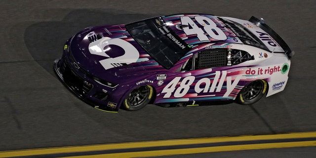 Alex Bowman drives out of turn four during qualifying for the NASCAR Daytona 500 auto race Wednesday, Feb. 15, 2023, at Daytona International Speedway in Daytona Beach, Fla. Bowman took the pole position for Sunday's race.