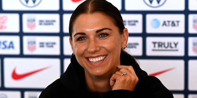 Alex Morgan is interviewed by media during a USA National Women's Team player training camp at The Cloud on Jan. 13, 2023 in Auckland, New Zealand.