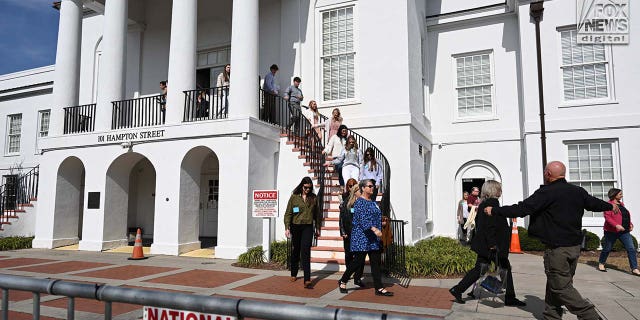 Colleton County Courthouse is evacuated during Alex Murdaugh’s double murder trial in Walterboro, South Carolina on Wednesday, February 8, 2023.