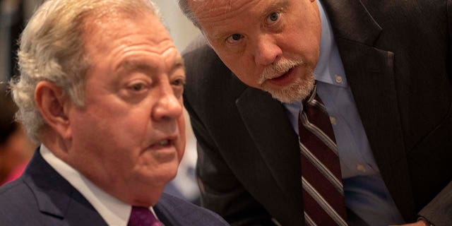 Defense attorney Dick Harpootlian and prosector Creighton Waters talk in Alex Murdaugh’s trial for murder at the Colleton County Courthouse on Thursday, February 9, 2023. 