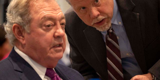 Defense attorney Dick Harpootlian and prosector Creighton Waters talk in Alex Murdaugh’s trial for murder at the Colleton County Courthouse on Thursday, February 9, 2023.
