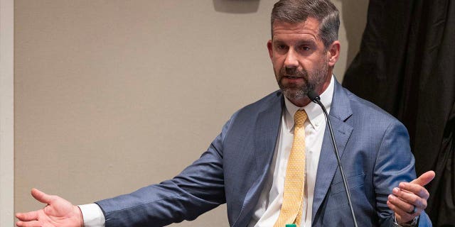 Witness Mark Tinsley, the attorney for Mallory Beach’s family, is questioned by prosecutor Creighton Waters during Alex Murdaugh’s trial for murder at the Colleton County Courthouse on Feb. 9, 2023.