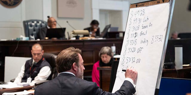 Defense attorney Phillip Barber writes out a timeline of events on Maggie Murdaugh’s cellphone during Alex Murdaugh’s trial for murder at the Colleton County Courthouse on Wednesday, February 1, 2023. 