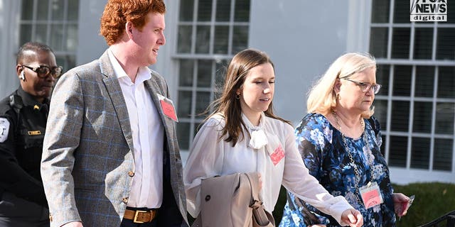 Buster Murdaugh, Brooklynn White, and Lynn Murdaugh return to the Colleton County Courthouse after lunch in Walterboro, South Carolina, Tuesday, February 7, 2023. 