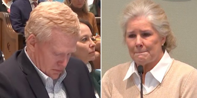 Alex Murdaugh, left, bows his head as his sister-in-law, Marian Proctor, testifies Feb. 14 on behalf of the state at his double murder trial in Walterboro, South Carolina.