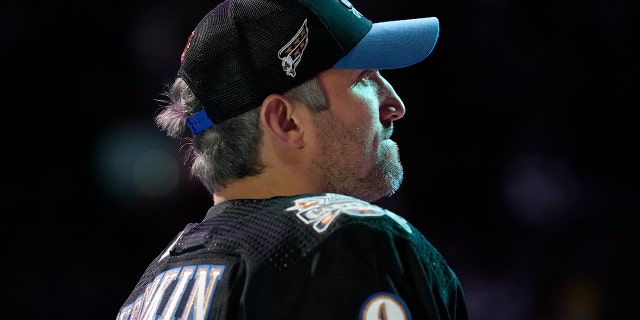 Washington Capitals' Alex Ovechkin stands on the ice during the NHL All Star Skills Showcase, Friday, Feb. 3, 2023, in Sunrise, Florida.