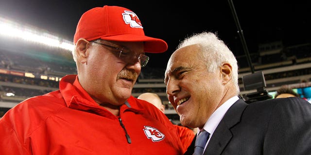 Jeffrey Lurie, owner of the Philadelphia Eagles, greets head coach Andy Reid of the Kansas City Chiefs before a game Sept. 19, 2013, at Lincoln Financial Field in Philadelphia.