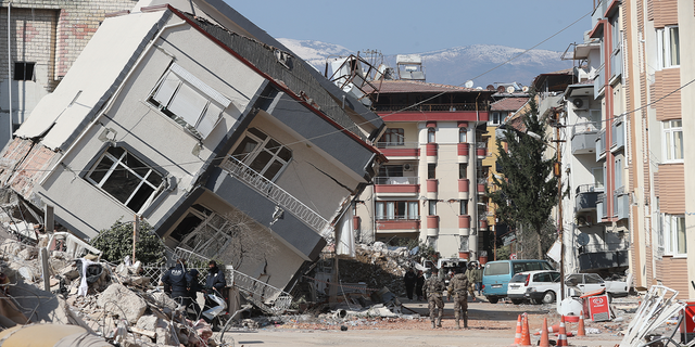 A building leans diagonally in Antakya, Turkey, following the earthquake on Feb. 6.