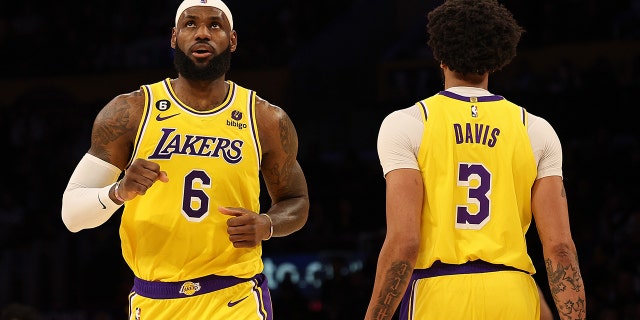 LeBron James and Anthony Davis of the Lakers during the Oklahoma City Thunder game at Crypto.com Arena on Feb. 7, 2023, in Los Angeles.