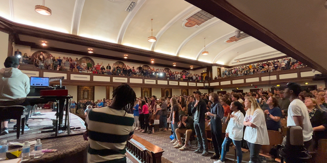 The front of Hughes Auditorium at Asbury University during the final day of the Christian revival.