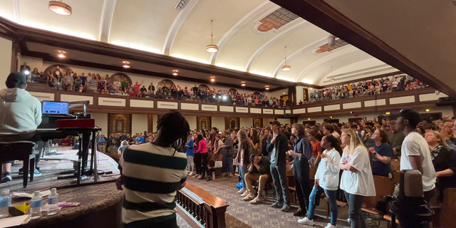 The front of Hughes Auditorium at Asbury University during the final day of the Christian revival.