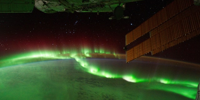 Auroral beads seen from the International Space Station