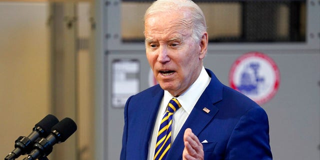 President Biden speaks about the economy to union members at the IBEW Local Union 26 in Lanham, Maryland, on Wednesday.