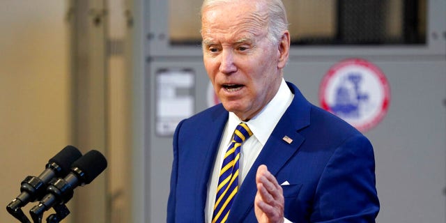 President Biden speaks about the economy to union members at the IBEW Local Union 26, on Feb. 15, 2023, in Lanham, Md.