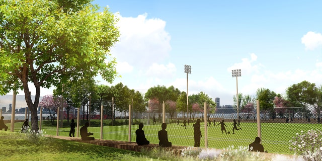 Above, a rendering of the projected sports field at Gansevoort Peninsula.