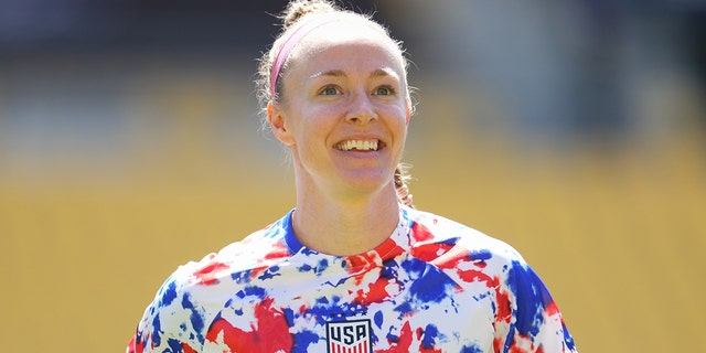 Becky Sauerbrunn #4 of the United States warms up before a match between New Zealand and the United States at Sky Stadium on January 17, 2023 in Wellington, New Zealand.