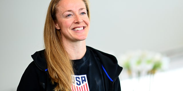 Becky Sauerbrunn is interviewed during a USA National Women's Team player training camp at The Cloud on January 13, 2023 in Auckland, New Zealand.