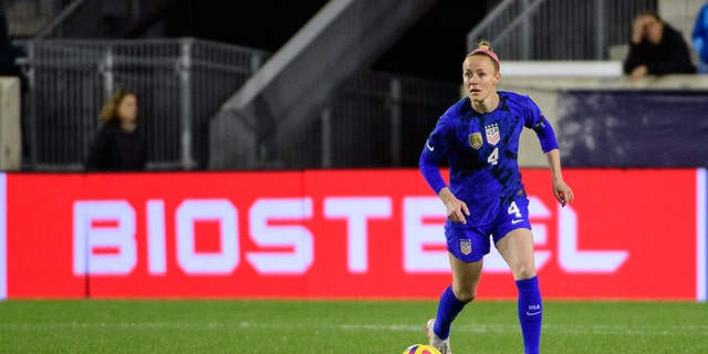 Becky Sauerbrunn #4 of the United States advances the ball before a game between Germany and USWNT at Red Bull Arena on November 13, 2022 in Harrison, New Jersey.