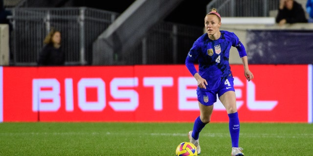 Becky Sauerbrunn #4 of the United States advances the ball before a game between Germany and USWNT at Red Bull Arena on November 13, 2022 in Harrison, New Jersey.