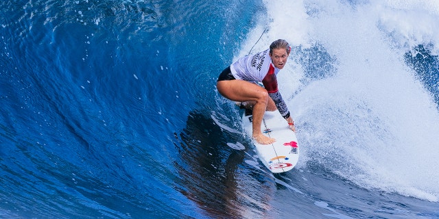 Bethany Hamilton of Hawaii surfs in Heat 1 of the Elimination Round at the Billabong Pro Pipeline on January 30, 2022 in Haleiwa, Hawaii.